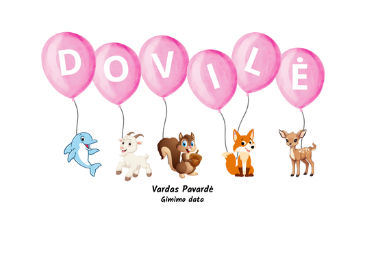 Vardas balionuose – personalizuotas plakatas su gyvūnais