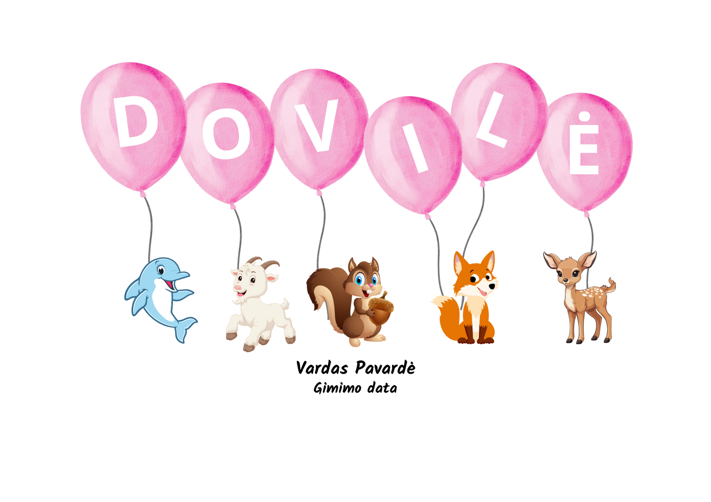 Vardas balionuose – personalizuotas plakatas su gyvūnais