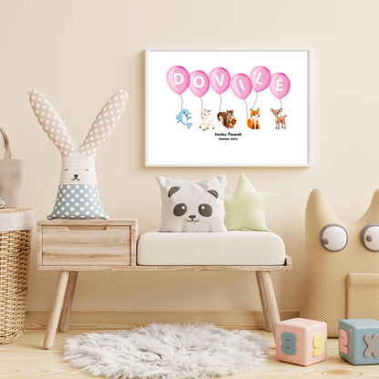 Vardas balionuose – personalizuotas plakatas su gyvūnais