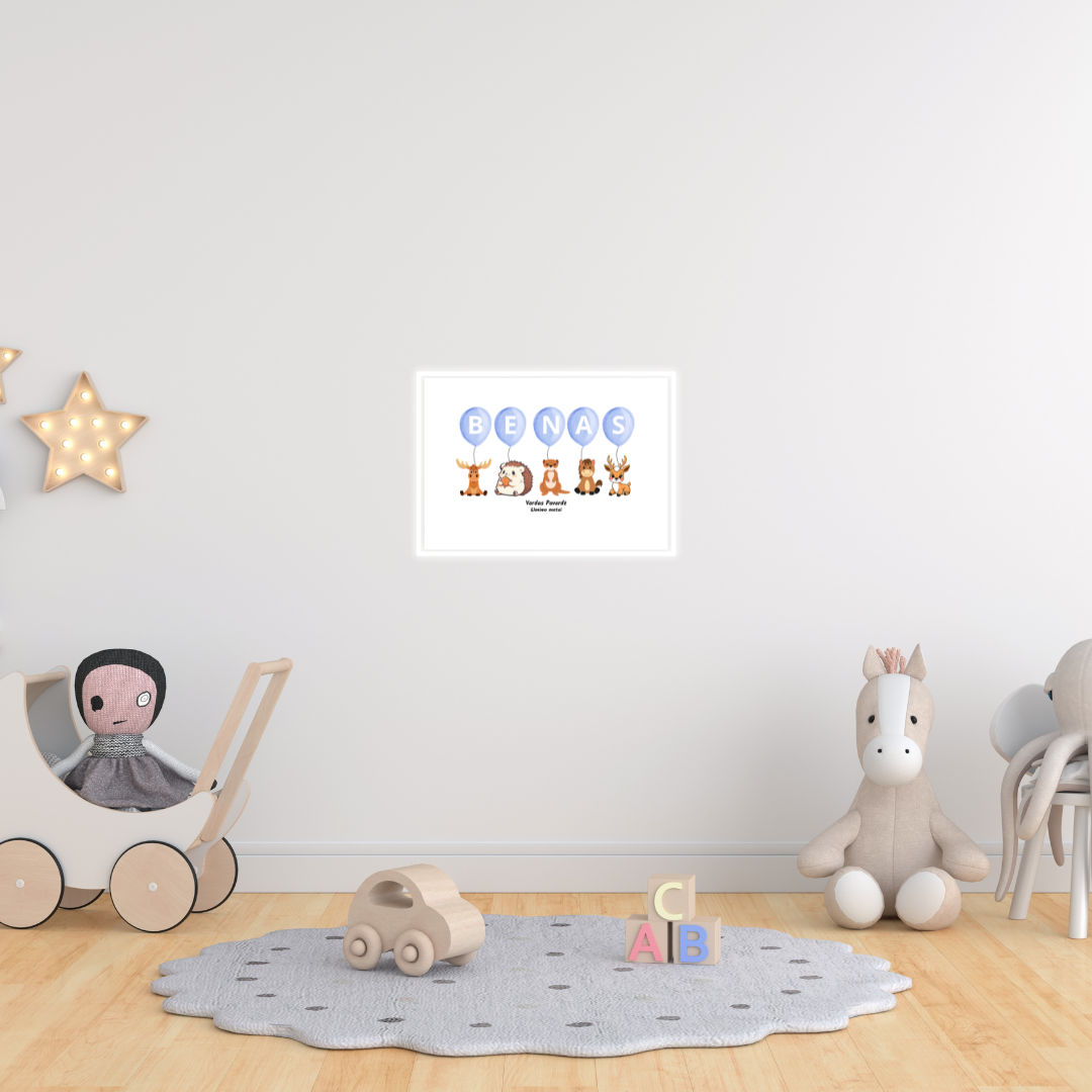 Vardas balionuose – personalizuotas plakatas su gyvūnais