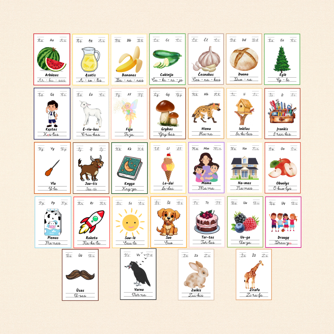 Linksmoji abėcėlė: mokomės skaityti - 32 plakatėlių rinkinys