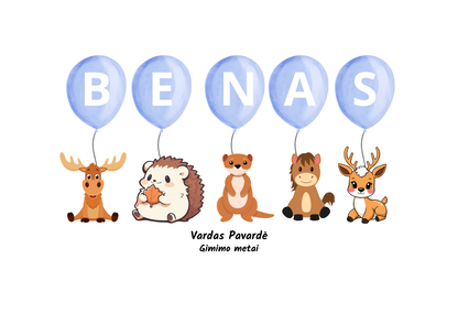 Vardas balionuose – personalizuotas plakatas su gyvūnais